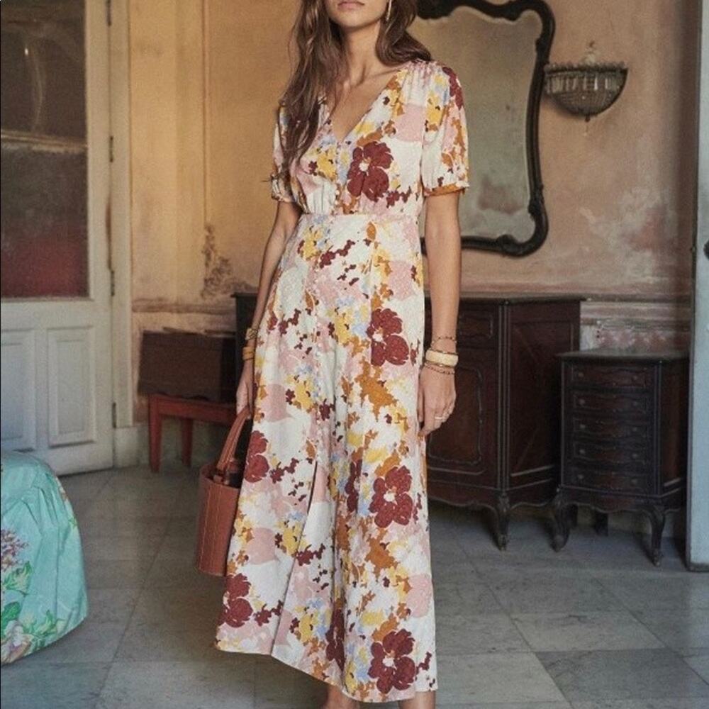 Sezane Sollie Dress Floral Midi Women's 36/ US 4 Silk Button Front